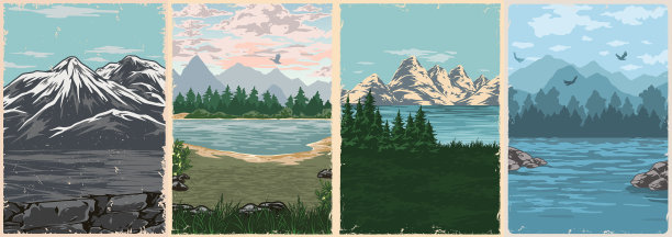 自然风景色彩丰富的复古海报图片下载