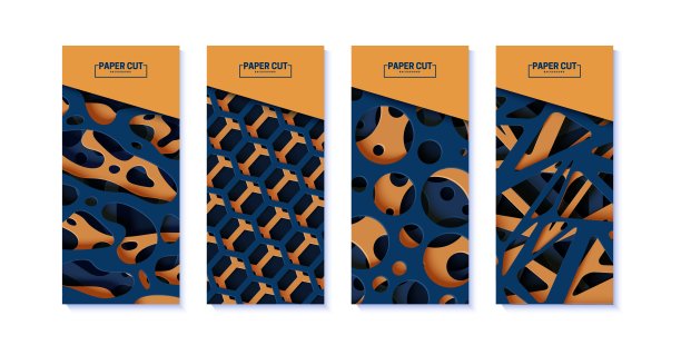 一套抽象的横幅与削减有机形状，圆圈和六边形剪纸风格。分层3d剪纸传单的收集。向量卡插图深蓝色和橙色形状图片下载