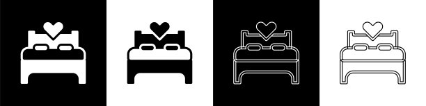 设置卧室图标隔离在黑色和白色背景。婚礼，爱情，婚姻的象征。蜜月系列的卧室创意图标。向量图片下载