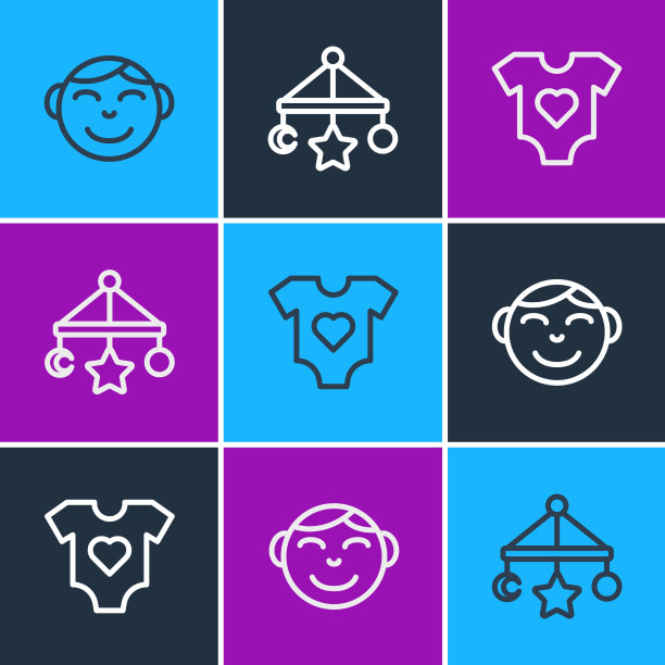 排好小男孩头、婴儿衣服和婴儿床图片下载