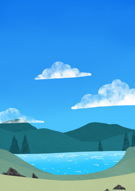 草甸绿草、湖、树、山和天空的插图背景为装饰上自然的乡村概念。图片下载