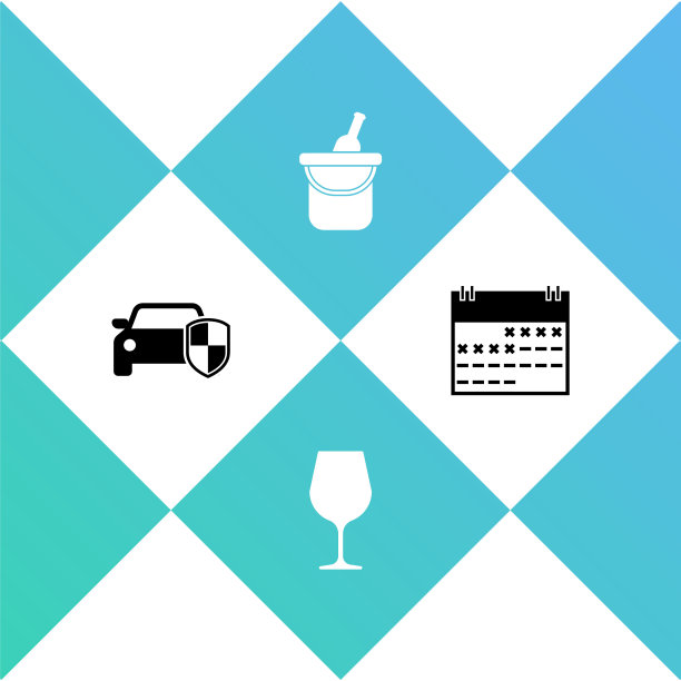 设置汽车保护或保险，酒杯，酒瓶酒桶和日历图标。向量图片下载