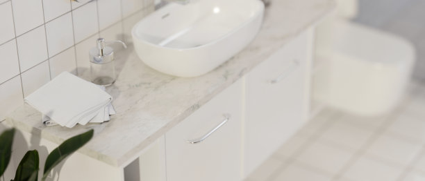 大理石台面和陶瓷容器水槽的蒙太奇模型空间，3d渲染图片下载