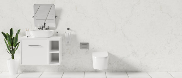 现代的白色浴室内部与陶瓷洗手盆柜台，镜子，卫生间，3d渲染图片下载