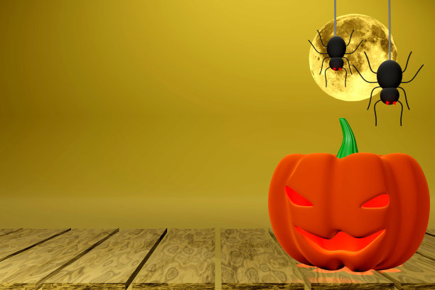 南瓜在板条上。蜘蛛正在往下爬。天上有满月。万圣节的节日的概念。图片下载