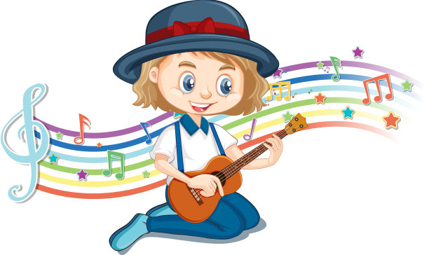 女孩弹吉他与旋律符号图片下载