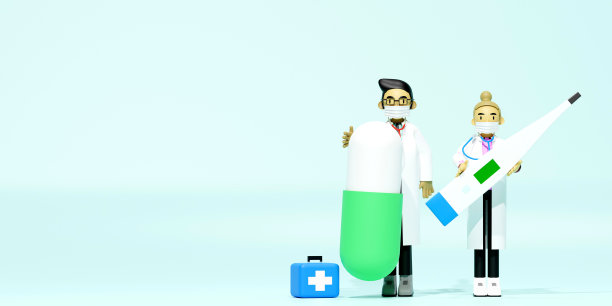 两名戴着听诊器口罩的医生手持药品和温度计站在那里。图片下载