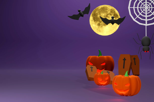 南瓜和棺材在地上。蜘蛛正在往下爬。天上圆月，蝙蝠飞翔。万圣节的节日的概念。图片下载