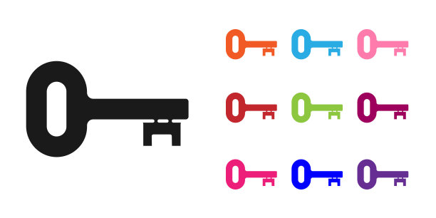 黑色旧键图标孤立在白色背景上。设置彩色图标。矢量图图片下载