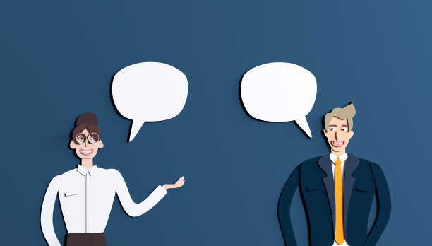 三维渲染插图剪纸效果设计。商务人士交谈、谈判和沟通。商务人士和演讲泡沫图片下载