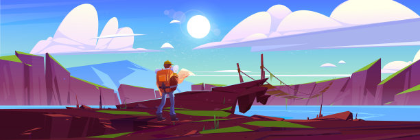 游客在高山湖泊上方的吊桥上图片下载