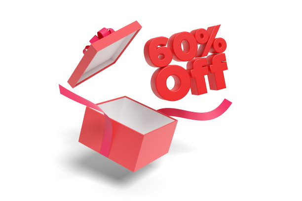 60%折扣文本从礼品盒中出来，3D图图片下载