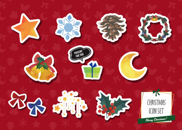 圣诞主题，图标集。白边镂空。贴纸。红色的背景图片下载
