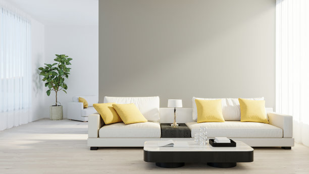 明亮的现代客厅，白色沙发，灯和绿色植物在木层压板。斯堪的纳维亚风格，舒适的室内背景。明亮时尚的房间模型。三维渲染图片下载