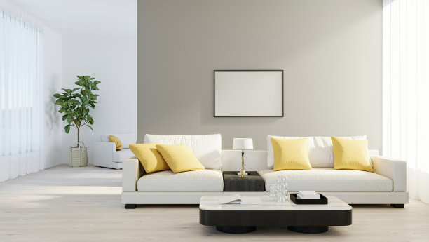 在明亮的现代客厅里，用白色沙发、台灯和绿色植物在木质薄板上模拟海报框架。斯堪的纳维亚风格，舒适的室内背景。明亮时尚的房间模型。三维渲染图片下载