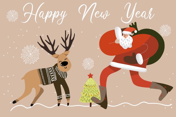 圣诞贺卡上，圣诞老人又用一只小鹿放在圣诞树旁，题写着新年快乐。图片下载