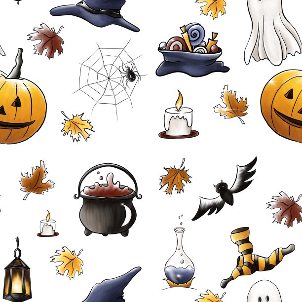 万圣节无缝模式与南瓜，幽灵，帽子，蝙蝠，毒药，蜡烛和更多。孤立在白色背景上图片下载