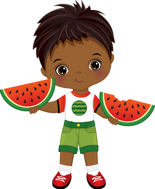 可爱的黑人小男孩拿着西瓜片图片下载