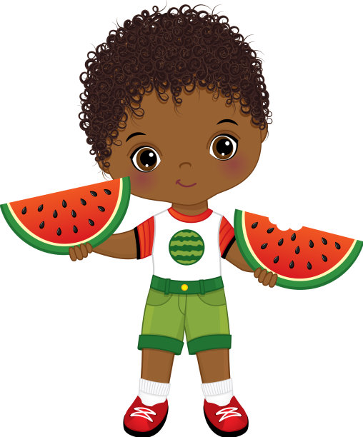 可爱的黑人小男孩拿着西瓜片图片下载