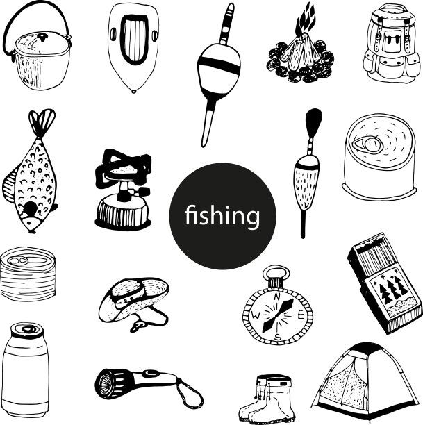 一套黑色涂鸦的主题钓鱼图片下载