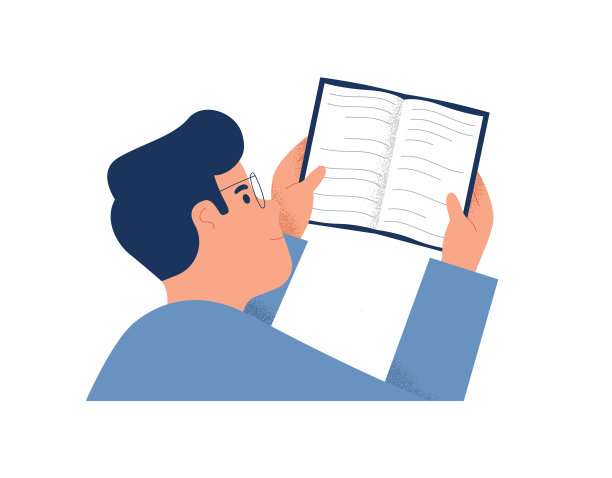 十几岁的小男孩读着打开的书，孤立的卡通图片下载