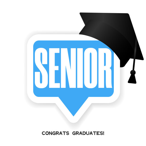白色和蓝色的演讲气泡与白色的文字高级，黑色的3d教育学术帽。毕业设计框架模板，高中，大学毕业。矢量插图。图片下载