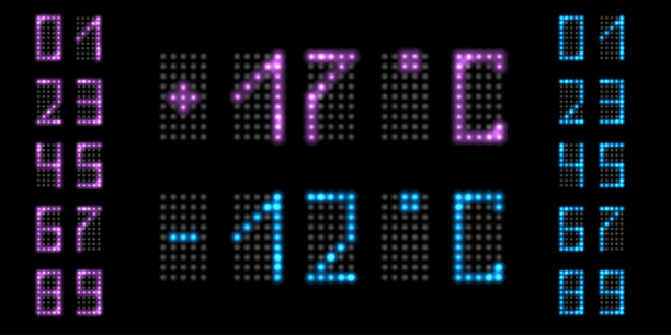 LED灯编号与霓虹灯发光。数字温度面板与荧光紫色和蓝色数字。矢量图图片下载