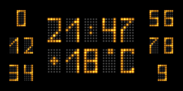带有金色霓虹灯的led数字。数字tableaux定时器和温度面板，集数字发光荧光灯效果。矢量图图片下载