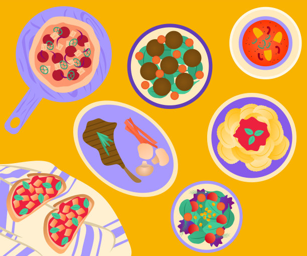 与汤，面包片，披萨，肉丸，肉排骨，沙拉和意大利饺子图片下载