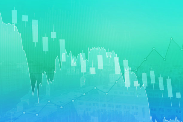 股票和衍生品市场的金融背景，图表，图表，柱子，柱子，蜡烛，蓝色和绿色的城市。趋势向上和向下。三维演示图片下载