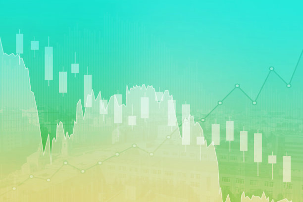 金融背景股票和衍生品市场，图表，图表，城市，绿色和黄色的蜡烛。趋势向上和向下。三维演示图片下载