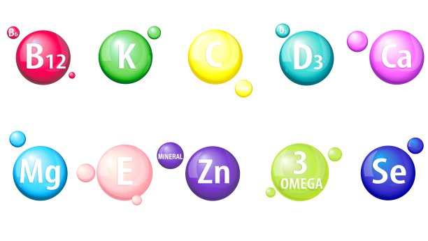 维生素，矿物质A, B12, C, D3, E，硒，钙，镁，锌。一组3d图标。胶囊、维生素复杂。健康的生活方式，营养的概念。收集圆形标志。向量。图片下载