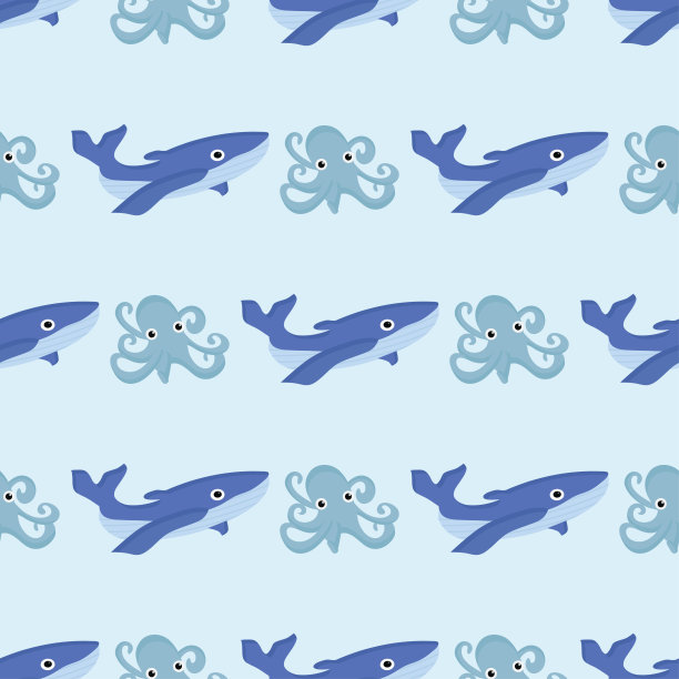 在包装或纺织品设计中使用的蓝色背景上的鲸和章鱼图案图片下载