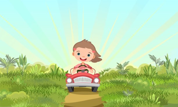 孩子的冒险在郊区的小型汽车。小孩开脚踏或电动玩具汽车。卡通插图。夏天农村景观。向量图片下载