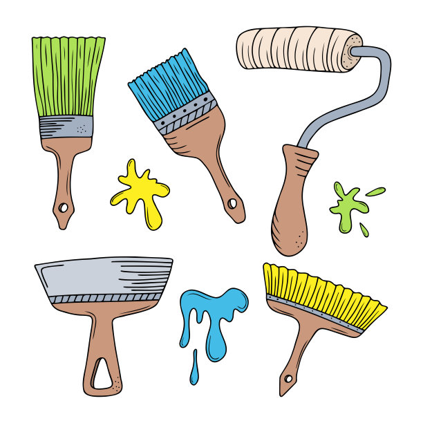 一套手画彩色油漆刷和辊，施工抹刀，斑点孤立在一个白色的背景。涂鸦，简单的轮廓插图。可用于纺织品、纸张的装饰。图片下载