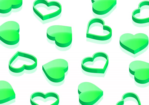 一排绿色心形标记的3D插图图片下载