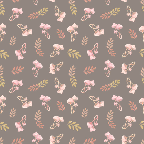 水彩秋菇无缝图案。图案与粉红色的蘑菇和树叶。为包装，包装纸，文具和剪贴簿的秋季设计。图片下载