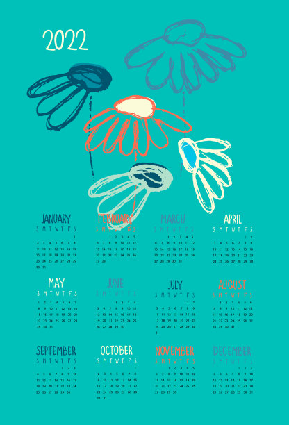 手绘紫锥花日历，2022年图片下载