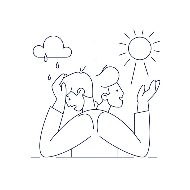 双相情感障碍矢量插图。男人遭受情绪波动，躁郁期分裂。可编辑的笔触，孤立在白色。躁狂抑郁症，网页设计的精神障碍概念，线条艺术图片下载