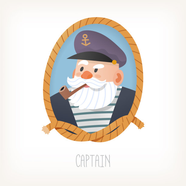 白胡子老人的肖像，戴着帽子抽着烟斗的渔船船长。图片下载