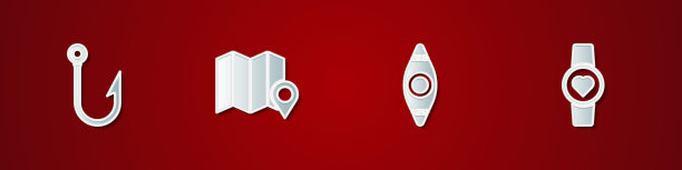 设置鱼钩，森林在地图上的位置，皮艇独木舟和智能手表显示心率图标。向量图片下载