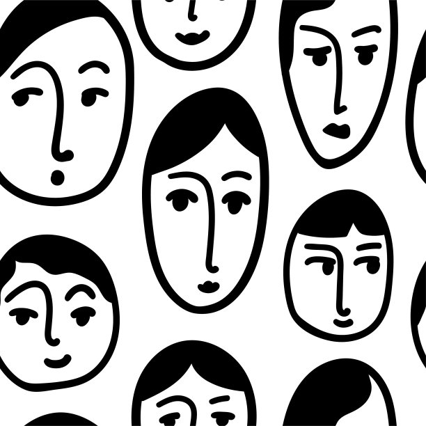 无缝抽象图案与女性的脸在白色的背景。背景用一条线画出人们的头。纺织品，墙纸，包装纸插图。向量图片下载