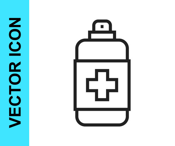 黑色线瓶液体抗菌肥皂与分配器图标隔离在白色背景。防腐剂。消毒，卫生，护肤。向量图片下载