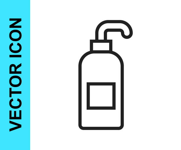 黑色线瓶液体抗菌肥皂与分配器图标隔离在白色背景。防腐剂。消毒，卫生，护肤。向量图片下载