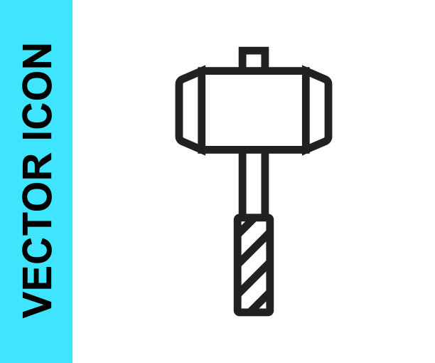 黑色线中世纪战斗锤图标孤立在白色背景。向量图片下载