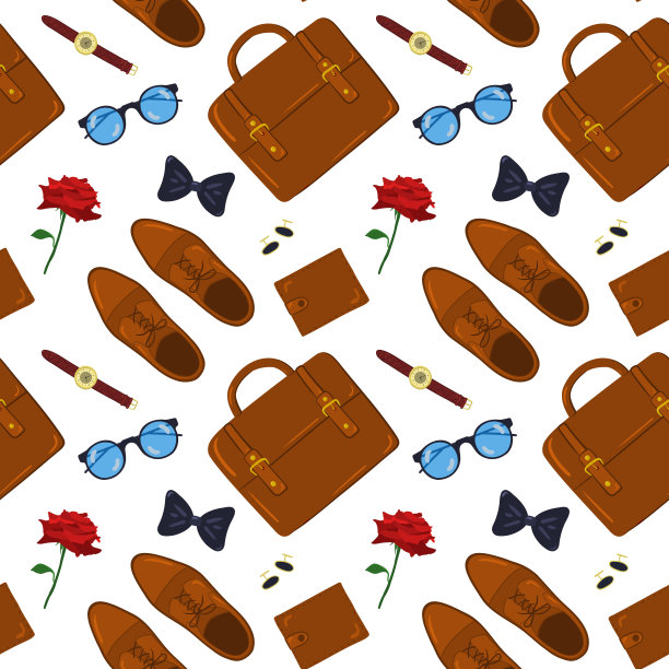 男性物体的矢量模式。白色背景下的男士配饰:手表、袖扣、钱包、眼镜、公文包。图片下载