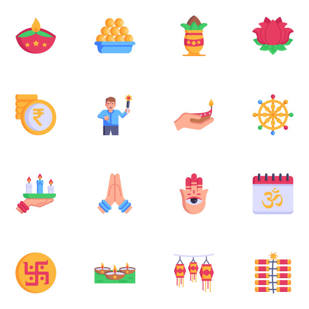 排灯节庆祝的一套平面图标图片下载