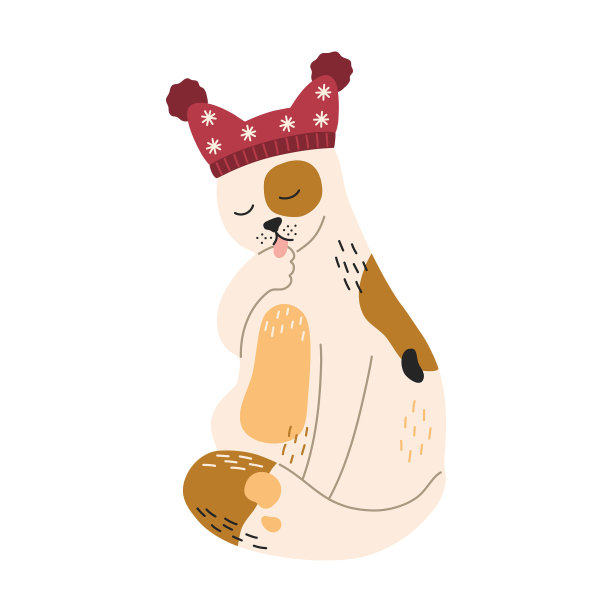 圣诞猫洗爪子，可爱的小黄猫戴着用雪花装饰的红帽子图片下载