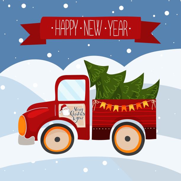 后面有棵圣诞树的节日货车。矢量插图印刷贺卡在一个有趣的卡通轻风格。图片下载