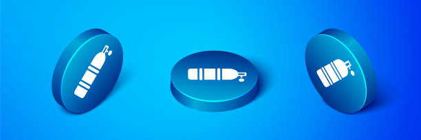 等距Aqualung图标隔离在蓝色背景。潜水员用氧气罐。潜水设备。极限运动。在水下潜水设备。蓝色圆按钮。向量图片下载